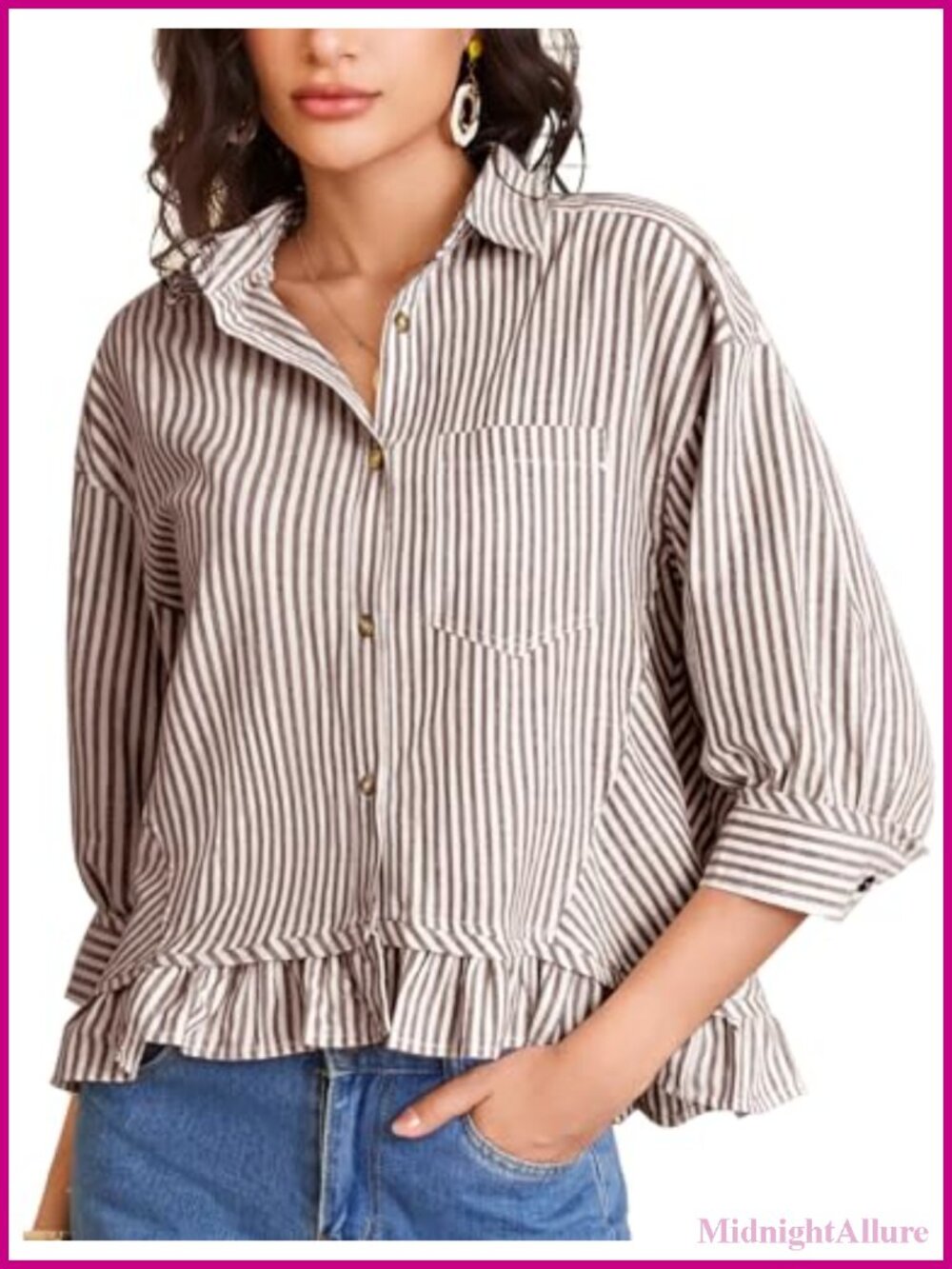 Women's Striped Button Down Cropped 3/4 Sleeve Ruffle Blouse Cotton
